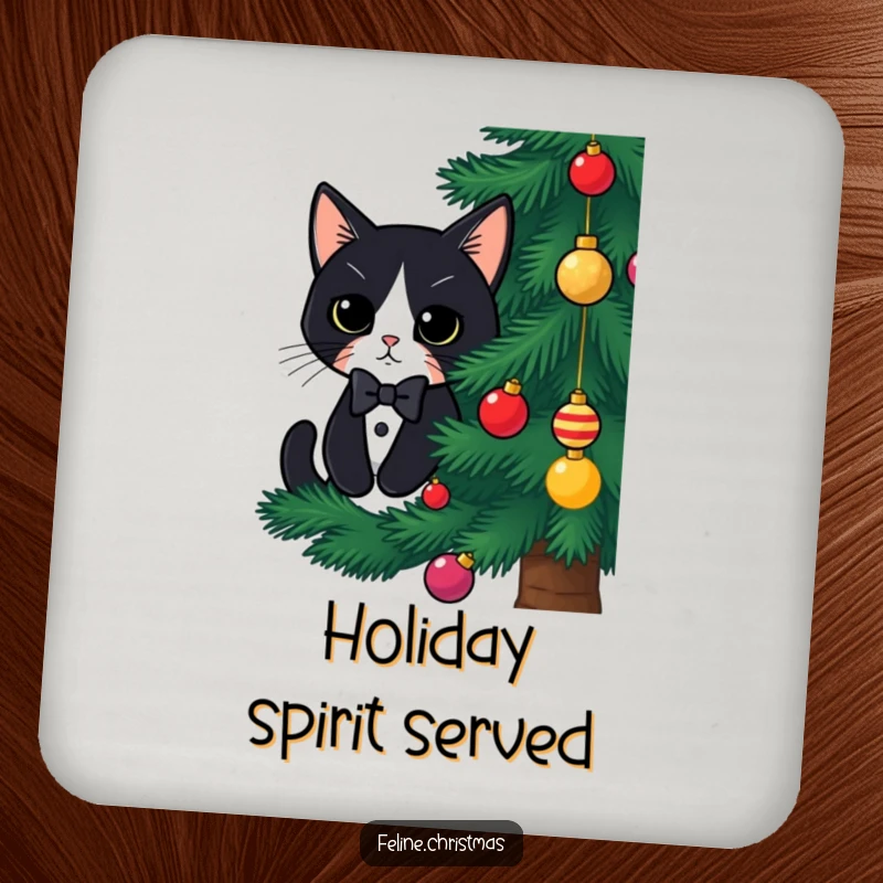 Funny tuxedo cat Christmas drink coaster, a cute cat peeking from behind a tree, adding festive and protective charm.