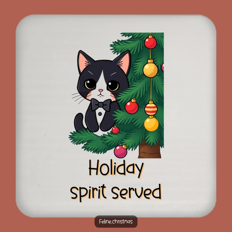Funny Tuxedo Cat Christmas Drink Coaster: Hidden Kitty Behind Tree, Festive Protection