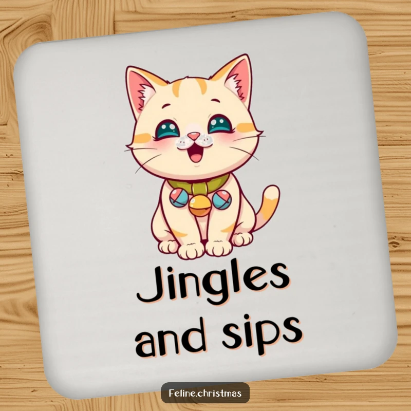 Funny Jingle Bell Cat Coaster Set: Adorable coasters showcasing a playful cat with tiny jingle bells, adding humor to your table.