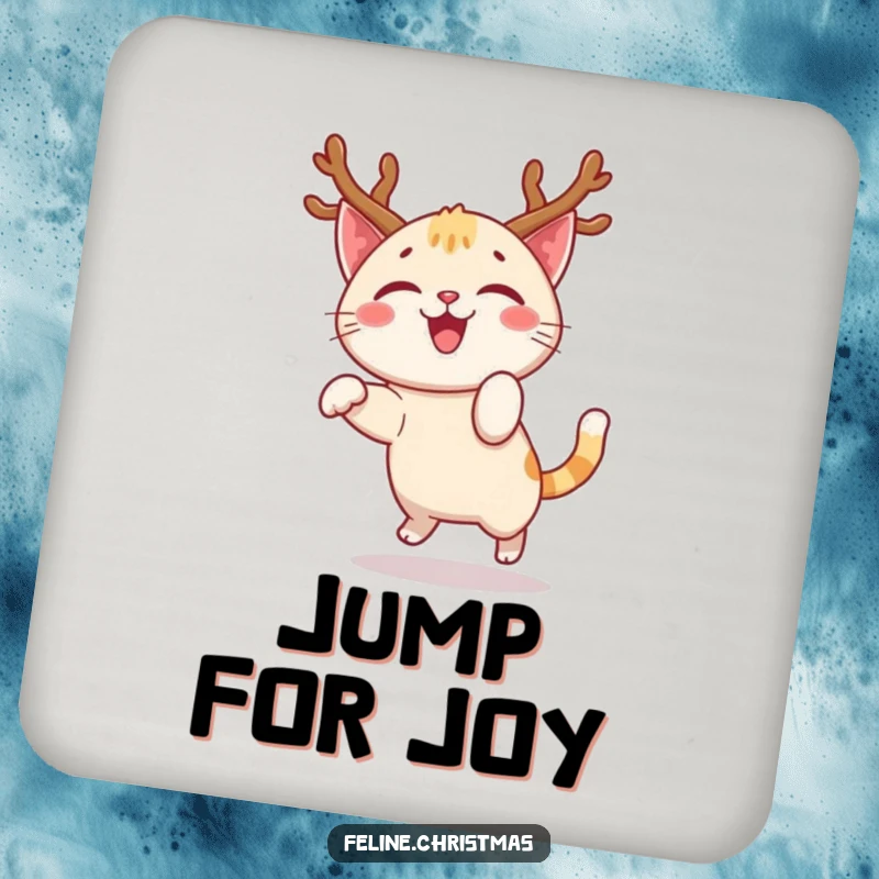 Funny coaster with a happy cat character, festive antlers, doing a joyful pounce, protecting surfaces with holiday spirit.