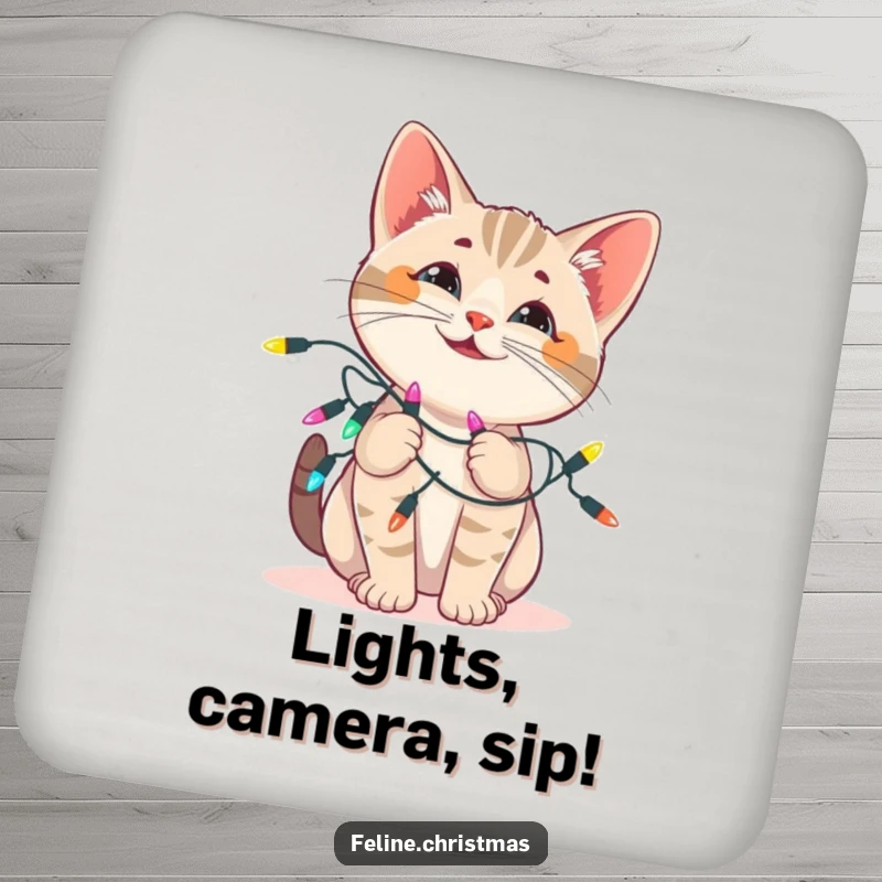 Funny cat coaster: small protective disk featuring a playful kitten tangled in festive Christmas lights, adding holiday sparkle.