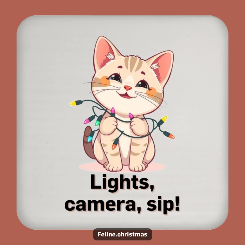 Funny Cat Lights Coaster: Protect Surfaces, Festive Tangle, Perfect Holiday Gift!