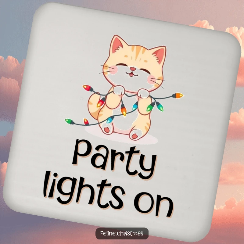 Funny Coaster: Kawaii cat playfully wrestling with tangled, festive Christmas lights, protecting surfaces with adorable humor.