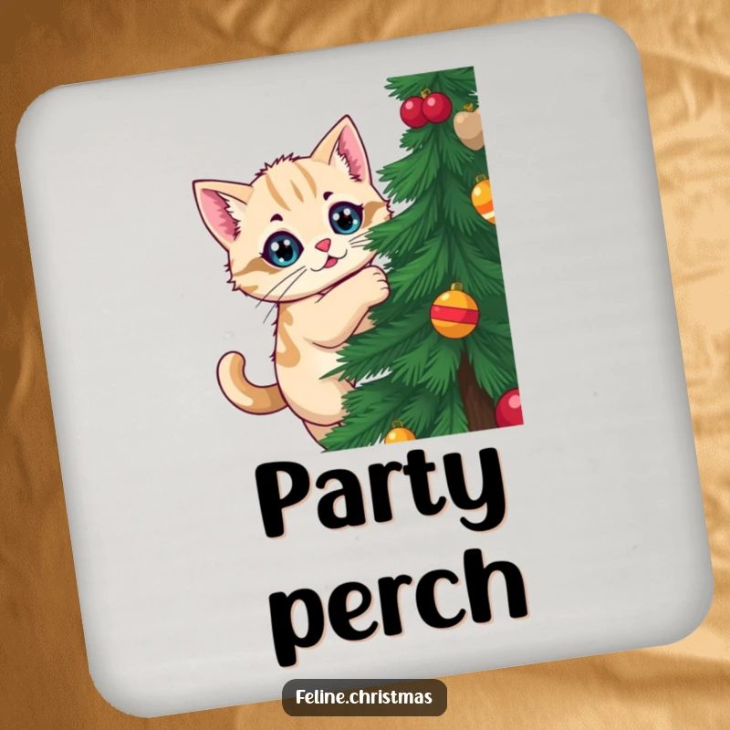 Funny Kawaii Cat Coaster: A cat attempts to climb a Christmas tree, adding funny festive charm to protect your surfaces.