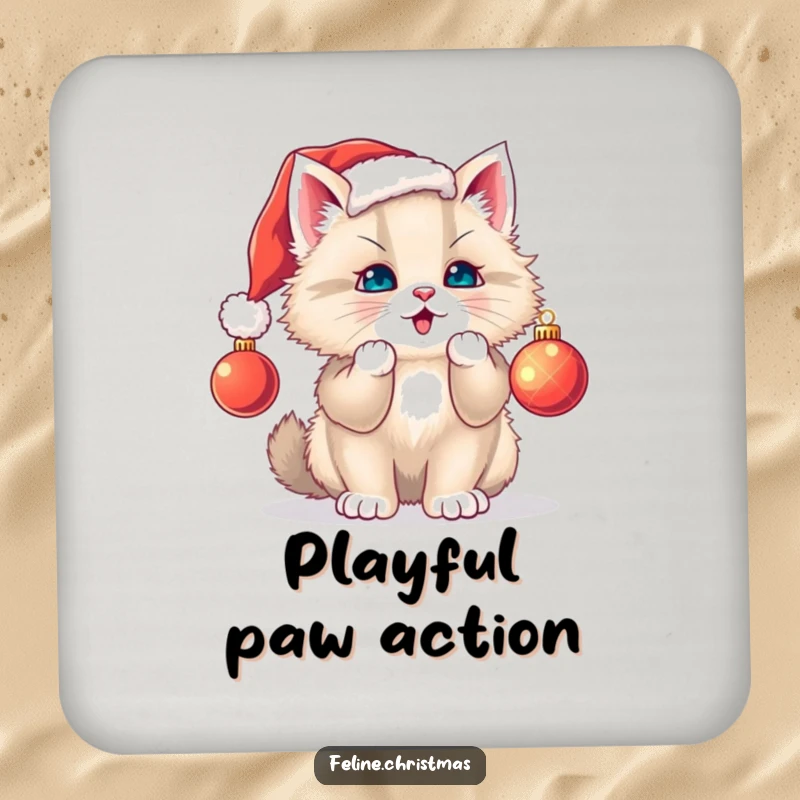 Funny cat coaster: small protective disk featuring a fluffy kitten in a Santa hat playfully batting a Christmas ornament.