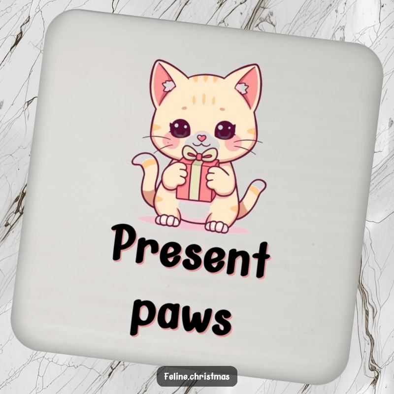 Funny Coaster: Kawaii cat holding a tiny gift, poised to pounce, adding playful charm and protection.