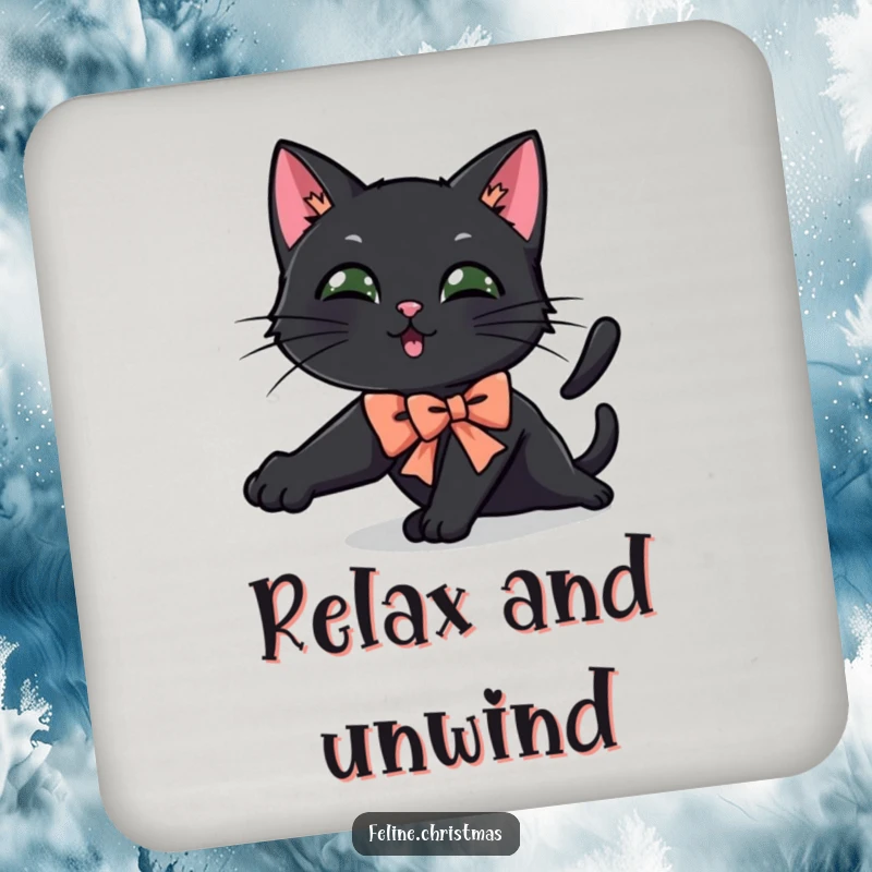 Funny black cat coaster featuring a cat in a festive bow stretching playfully, protecting surfaces with humor.