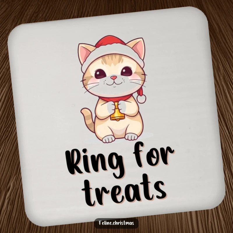 Funny kawaii cat wearing a Santa hat and holding a tiny bell, on protective drink coasters.