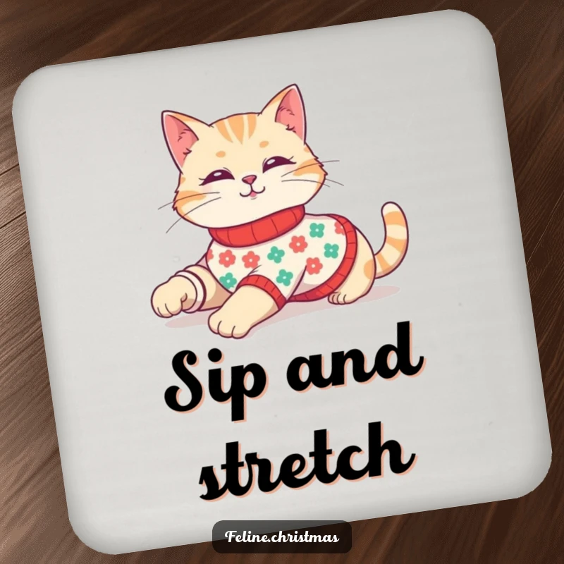 Funny coaster with a cute cat in a festive sweater, stretching casually, adding holiday charm.
