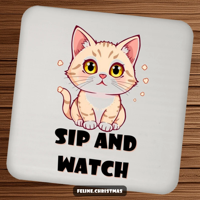 Funny Cat Coaster: A cat with bright eyes watches popcorn bounce, adding fascination and movie night fun to any surface.