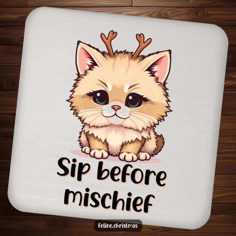 Funny drink coaster showing a fluffy cat wearing tiny reindeer antlers and a mischievous expression, perfect for decor.