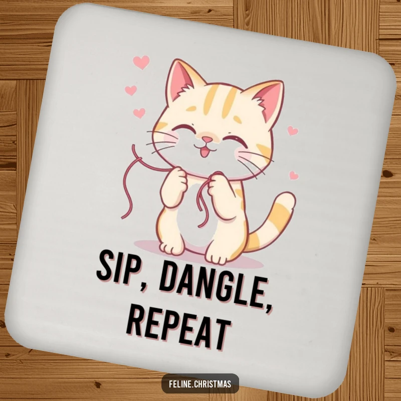 Funny kawaii cat character playfully batting at a sparkling string of holiday tinsel, designed as a protective and humorous drink coaster.