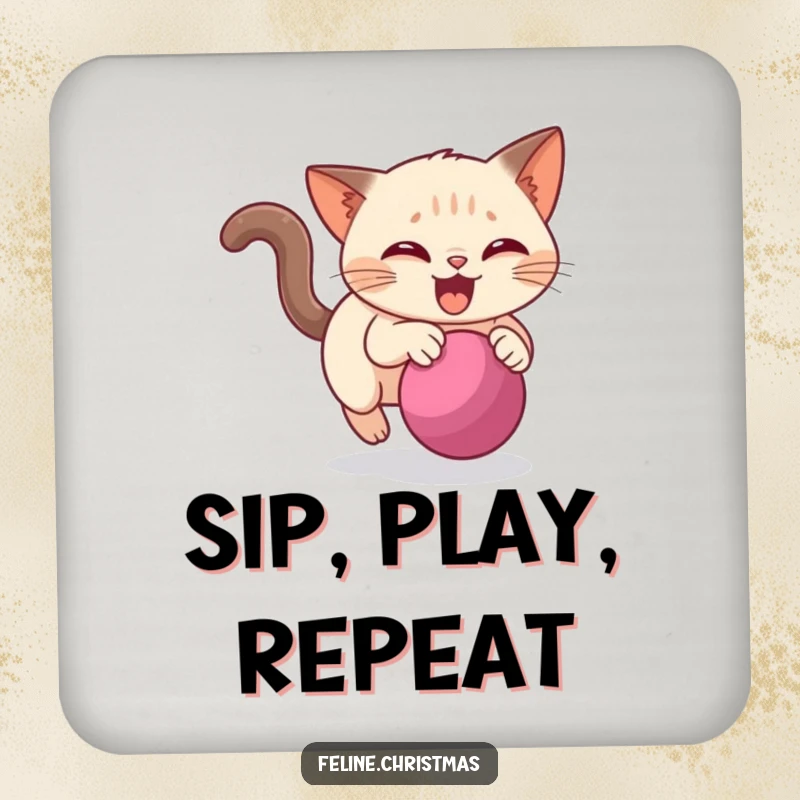 Funny Siamese cat coaster featuring a cat playfully chasing a festive bauble, protecting surfaces with feline charm.