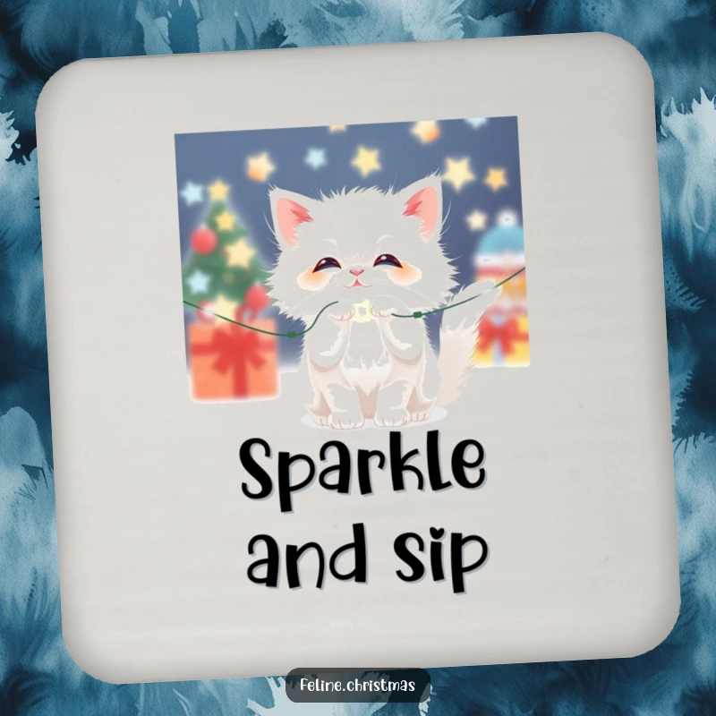 Funny Kawaii Fluffy White Cat Coasters: A cute cat batting at sparkling Christmas lights, guarding drinks with holiday charm.