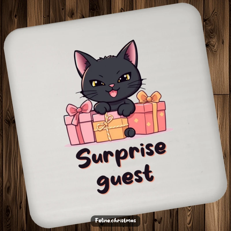 Funny black cat with a mischievous grin hiding behind presents, a humorous coaster.