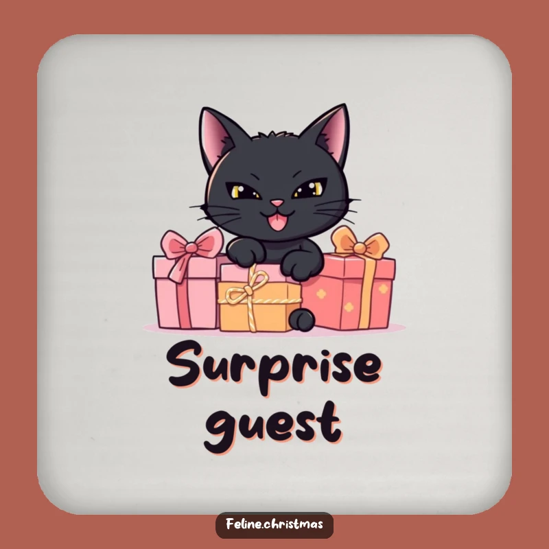 Funny Black Cat Hiding Presents Coaster - Protect Surfaces with Mystery