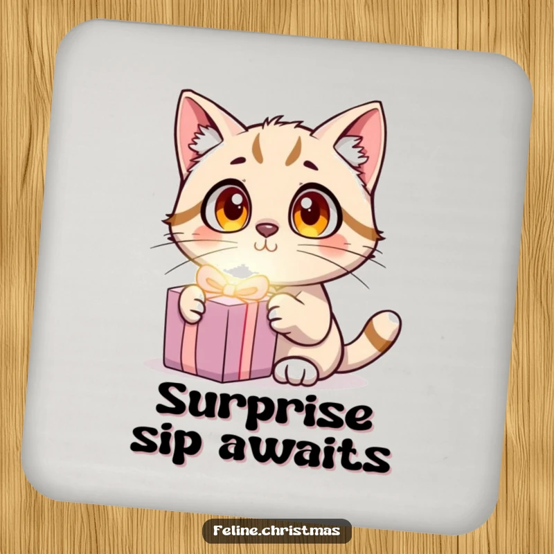Funny Cat Surprise Coaster featuring a wide-eyed cat surprised by a glowing present, humorous table protection.
