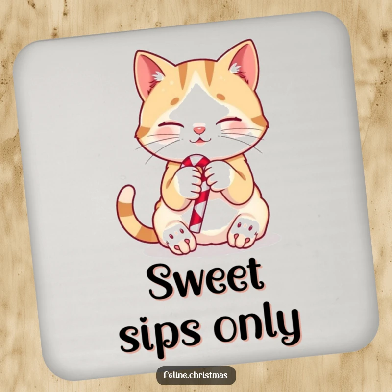 Funny cat coasters featuring playful kittens holding candy canes, protecting surfaces with holiday cheer.