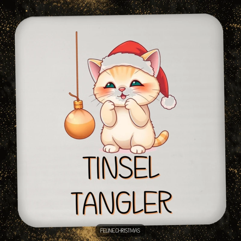 Funny coaster featuring a cute cat in a Santa hat, playfully batting at a dangling Christmas ornament, guarding your surfaces humorously.