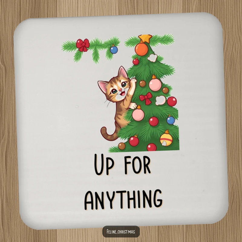 Funny tabby cat with playful intent climbing a Christmas tree, on a humorous and protective coaster.