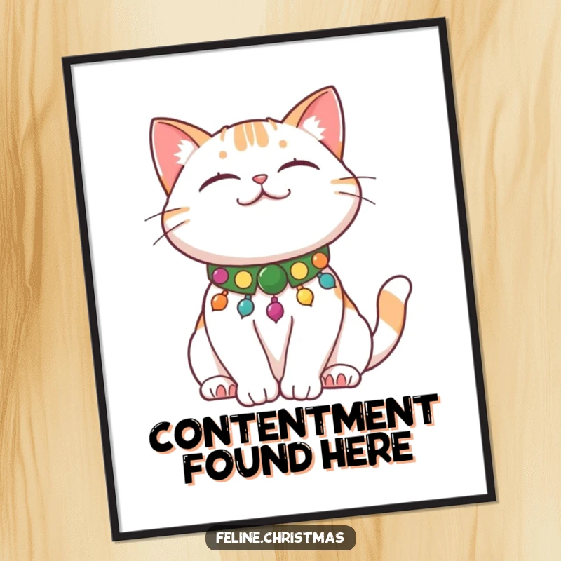 Funny Cat Stretch Poster showing a content cat wearing a festive collar, gracefully stretching, humorous decor.