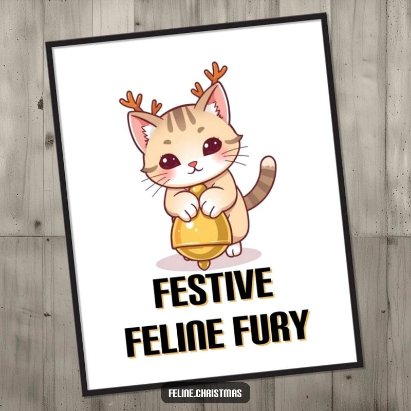 Funny Cat Antlers Poster showing a playful cat with antlers pouncing on a jingle bell, humorous holiday decor.