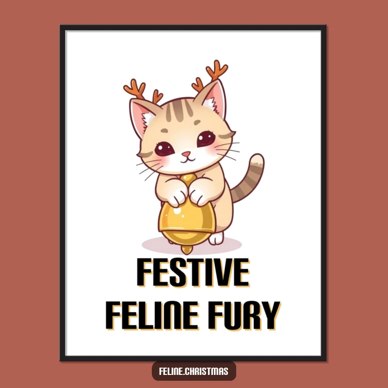 Funny Cat Antlers Poster: Playful Kitty Pouncing on Jingle Bell - Festive Wall Art