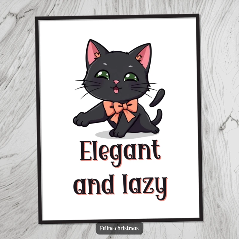 Funny black cat poster of a cat adorned with a festive bow, captured mid-stretch in a humorous and dynamic pose.