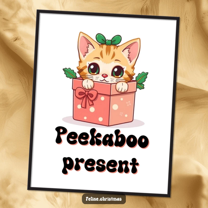 Funny cat poster: a curious kitten with wide eyes peeks out from a festive Christmas gift box, capturing holiday anticipation.