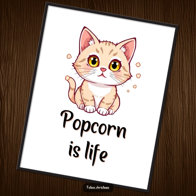 Funny Cat Poster: A cat with bright, wide eyes intently watches popcorn bounce, showcasing fascination and the joy of movie time.