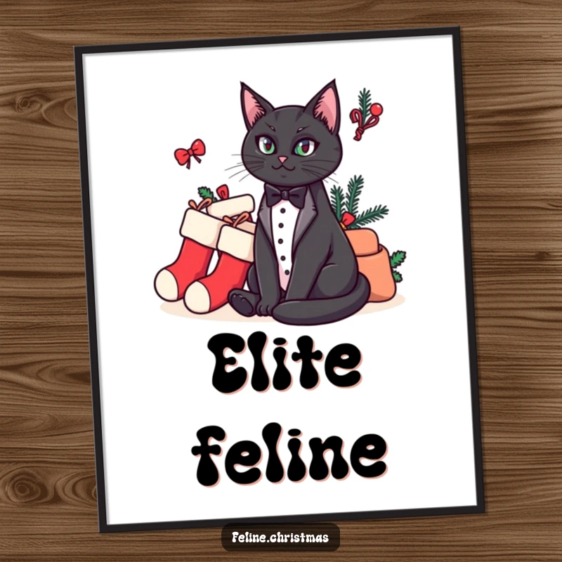 Funny poster featuring an elegant tuxedo cat seated regally next to a humorous stack of Christmas stockings, perfect wall art.