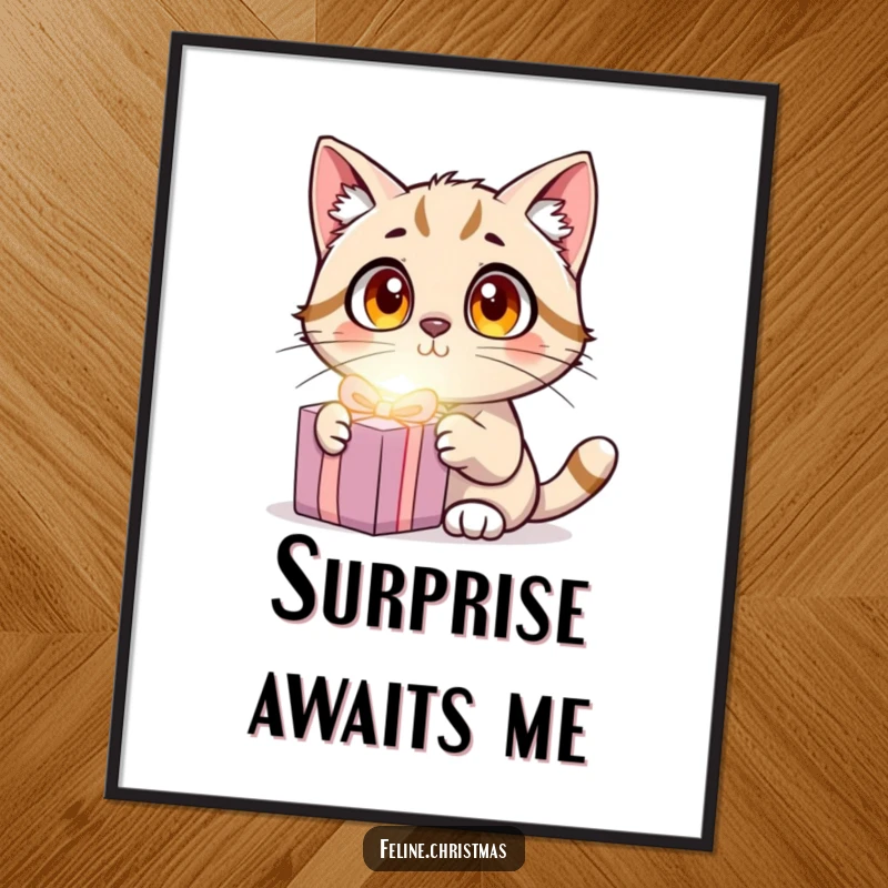Funny Cat Surprise Poster showing a wide-eyed cat looking shocked at a glowing present, humorous wall art.