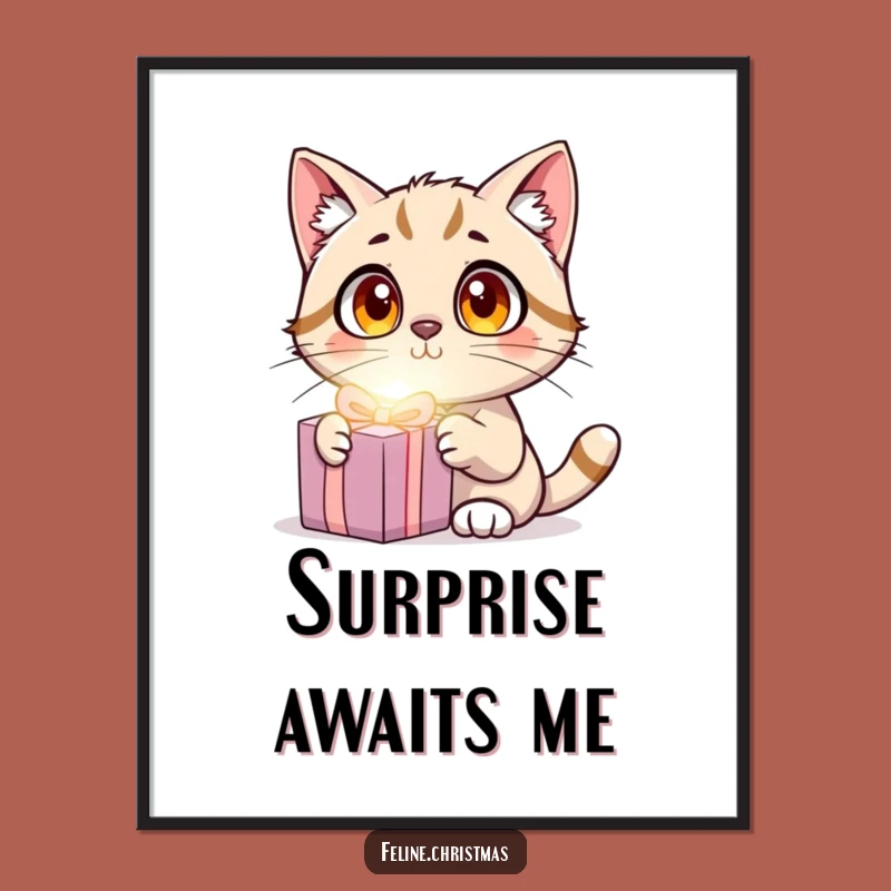 Funny Cat Surprise Poster: Wide-Eyed Kitty Shocked by Glowing Present - Humorous Art