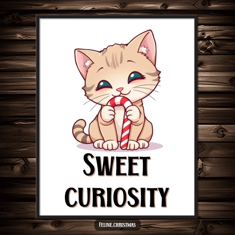 Funny poster of a smiling cat curiously sniffing a candy cane, capturing a moment of sweet holiday intrigue.