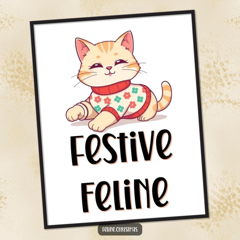 Funny poster of a cute cat stretching languidly in a cozy, festive sweater, adding holiday cheer.