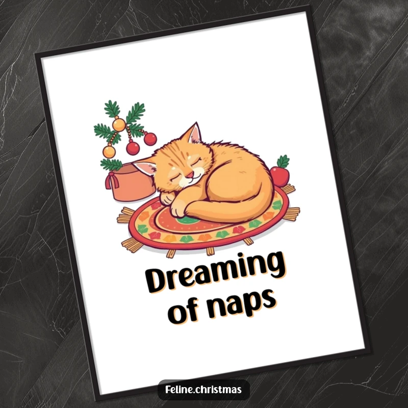Funny ginger cat deeply asleep on a festive rug, a calming and humorous poster for decor.