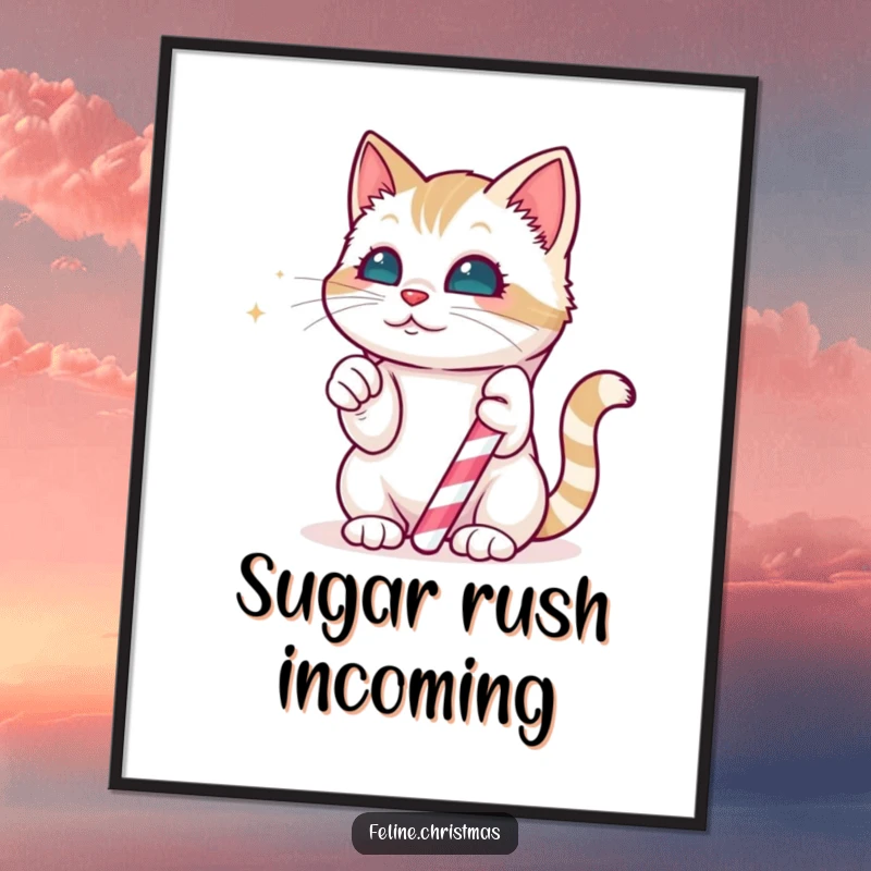 Funny Poster: Kawaii cat playfully batting at a magical, edible candy cane, creating a sweet and festive holiday scene.