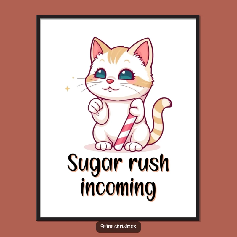 Funny Kawaii Cat Candy Cane Poster: Festive Sweetness Art, Adorable Funny Gift!