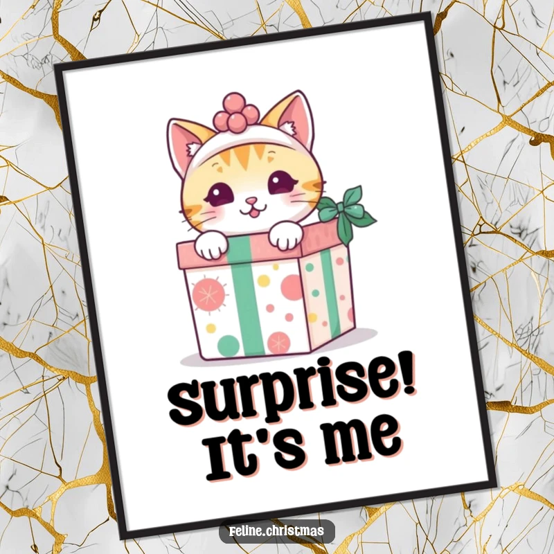 Funny kawaii cat peeking out from a decorated gift box, as charming wall art.