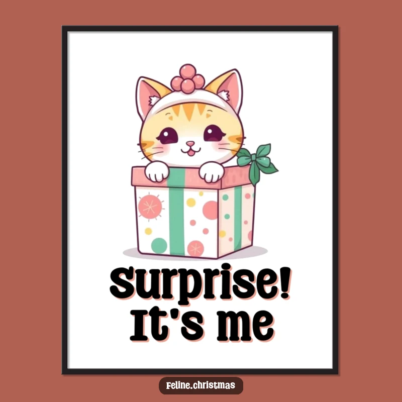 Funny Kawaii Cat Gift Box Poster - Festive Feline Art Print