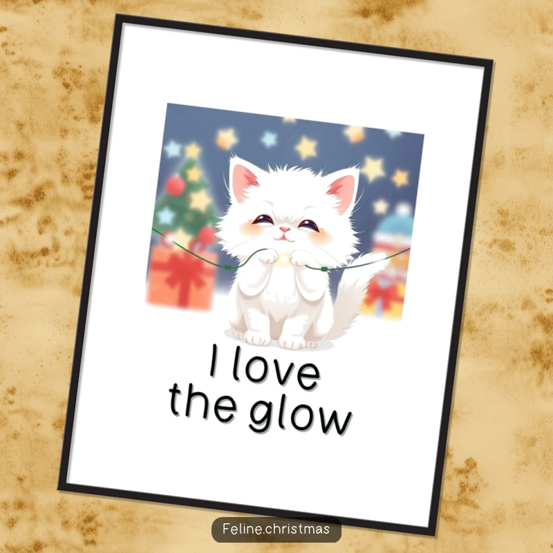 Funny Kawaii Fluffy White Cat Poster: A cute cat playfully batting at a string of sparkling Christmas lights, festive and humorous decor.