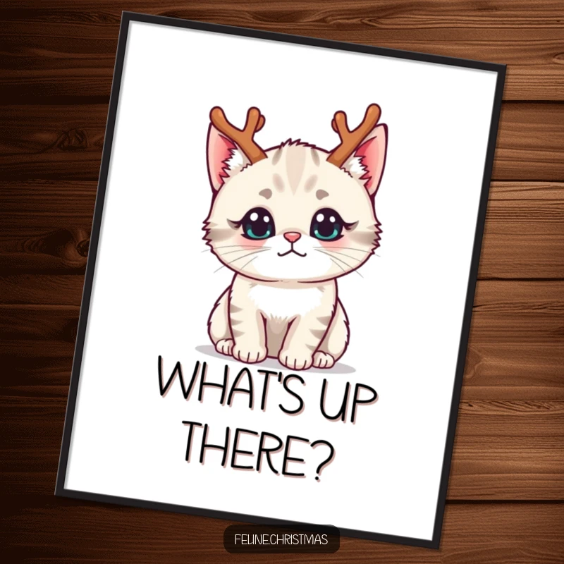 Funny kawaii cat wearing tiny reindeer antlers with a curious expression, as charming wall art.