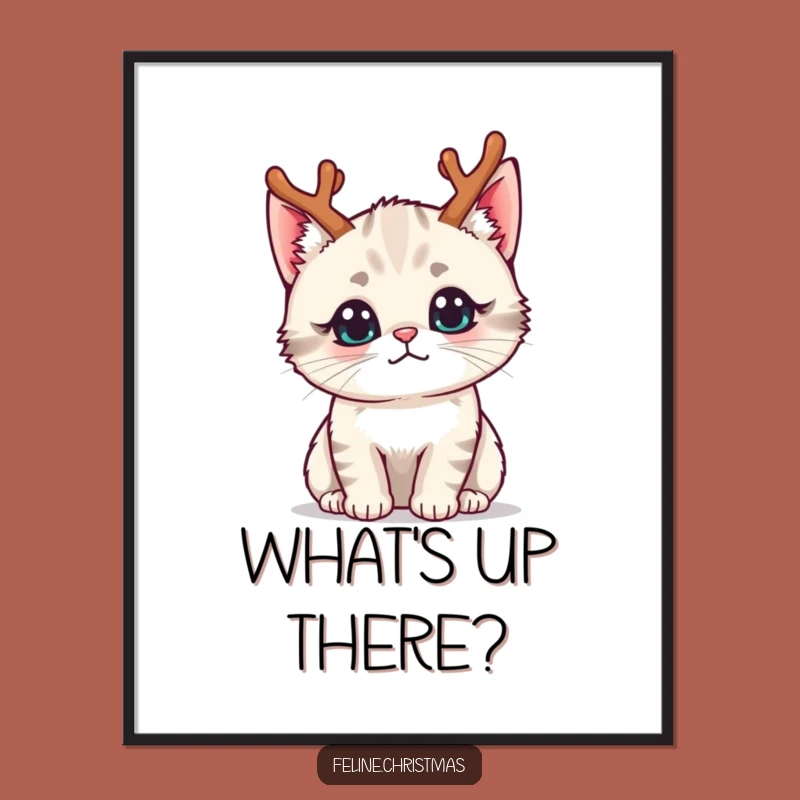 Funny Kawaii Reindeer Cat Poster - Festive Curious Wall Art