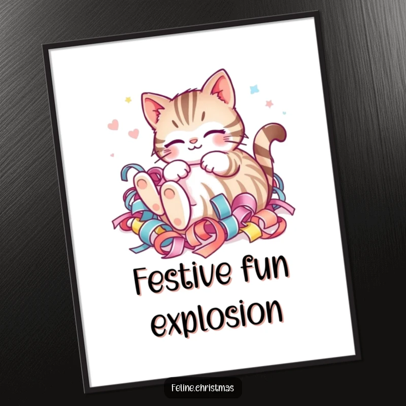 Funny Kawaii Striped Cat Ribbon Poster: A happy cat joyfully rolling in a pile of colorful festive ribbon, a joyful piece of art.