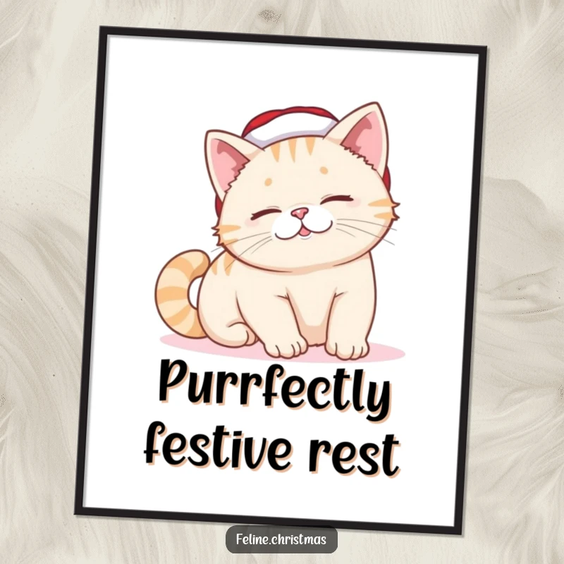 Funny Cat Poster: A cat in a small Santa hat stretches lazily, its smile conveying pure holiday contentment and relaxed cheer.
