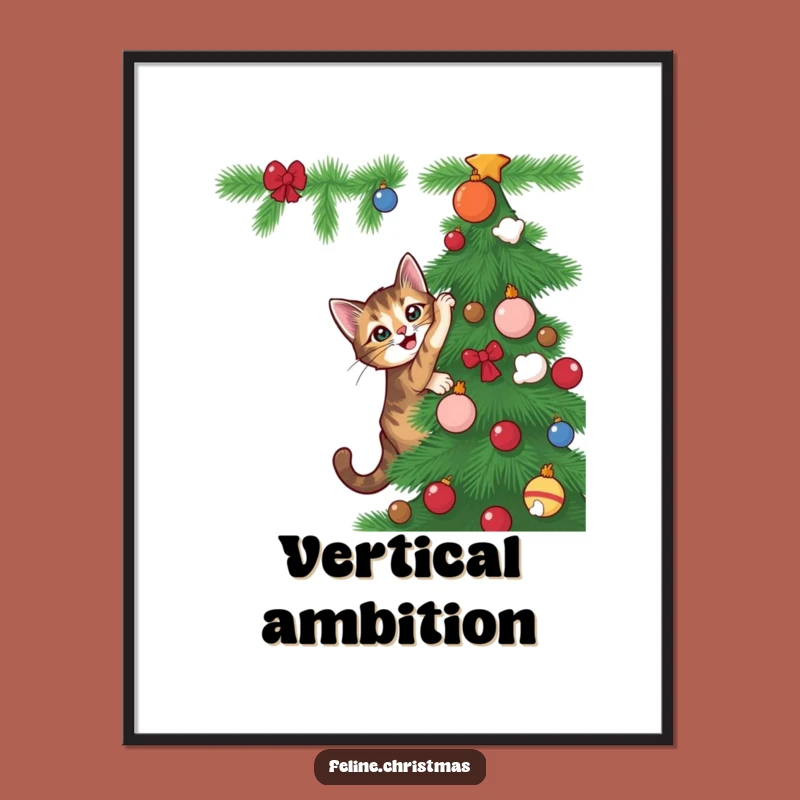 Funny Tabby Cat Poster - Playful Christmas Tree Art Print Gift