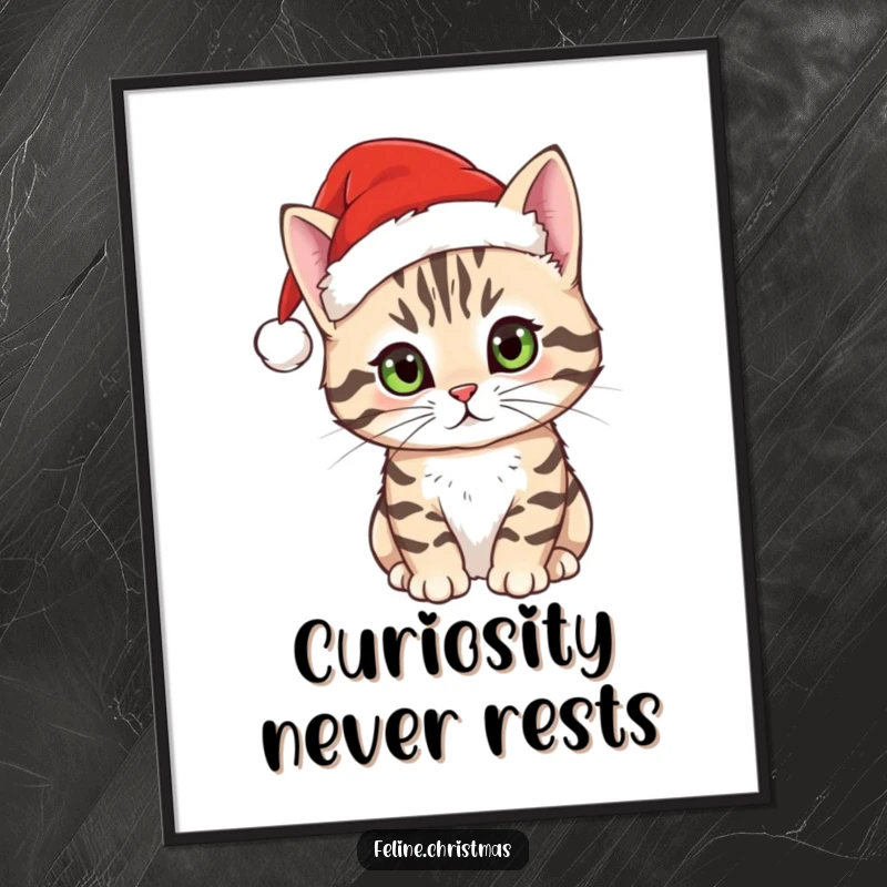 Funny tabby cat poster of a curious cat wearing a Santa hat, perfect for adding festive cheer to wall decor.