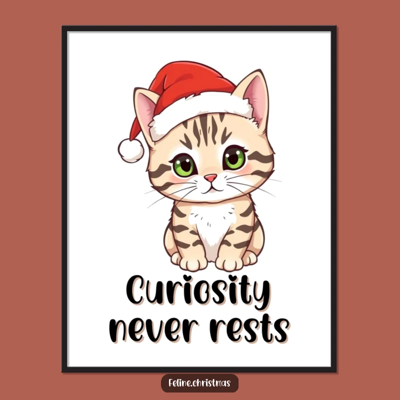 Funny Tabby Cat Santa Hat Poster - Curious Holiday Wall Art