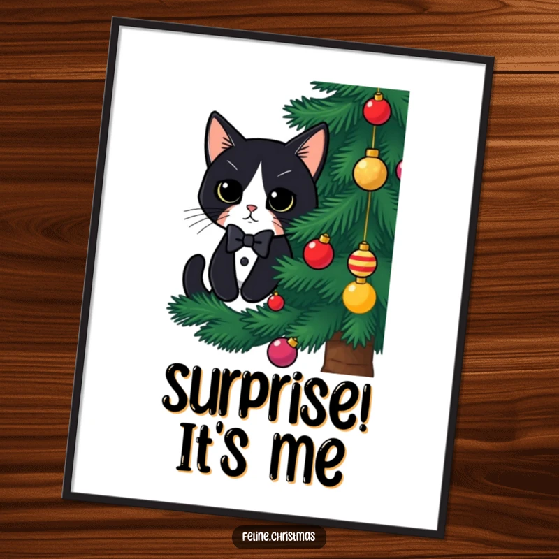 Funny tuxedo cat Christmas poster, a cute cat peeking from behind a decorated tree, capturing a moment of festive surprise.