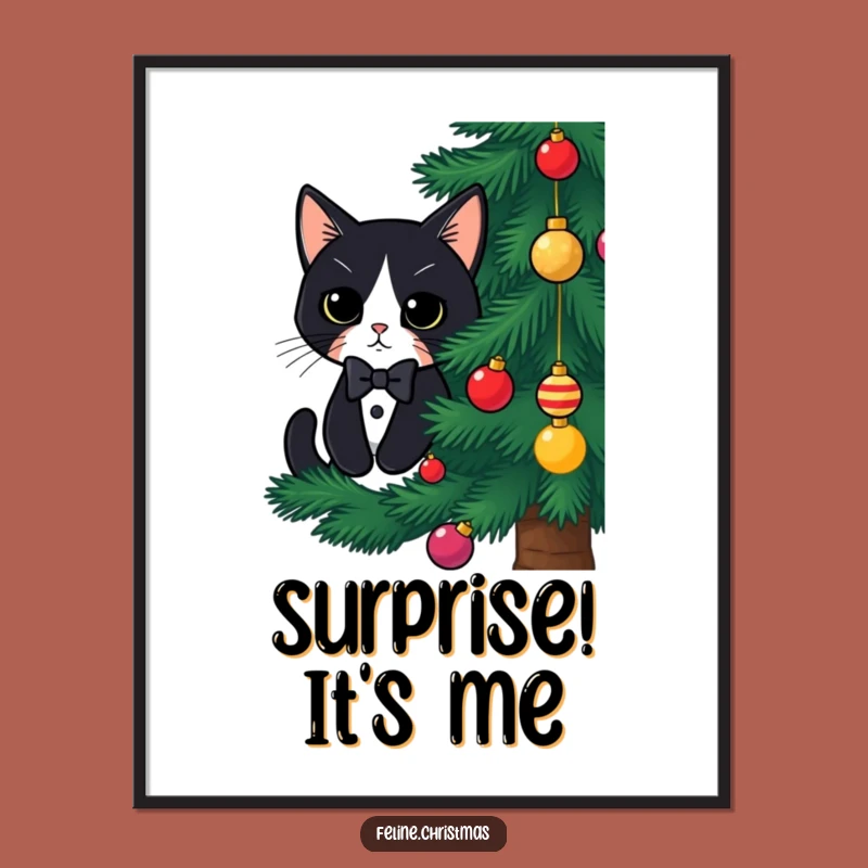 Funny Tuxedo Cat Christmas Poster: Hidden Kitty Behind Tree, Whimsical Holiday Decor